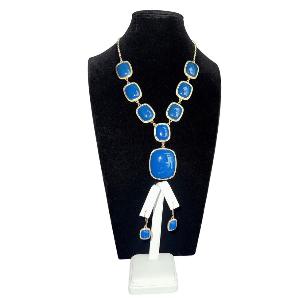 Vintage Monet Blue And Gold Tone Bib‎ Statement Necklace With Matching Earrings